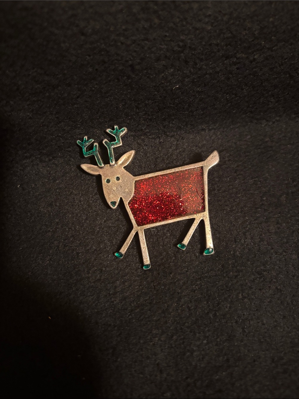 Reindeer Silver Tone w Green Antlers & Red Body 2”x2” Brooch Pin